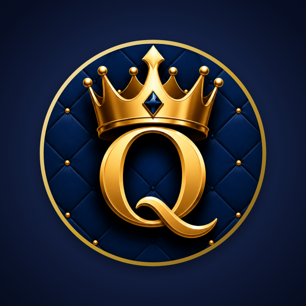 Queens Count — a gold crowned Q on quilted navy leather